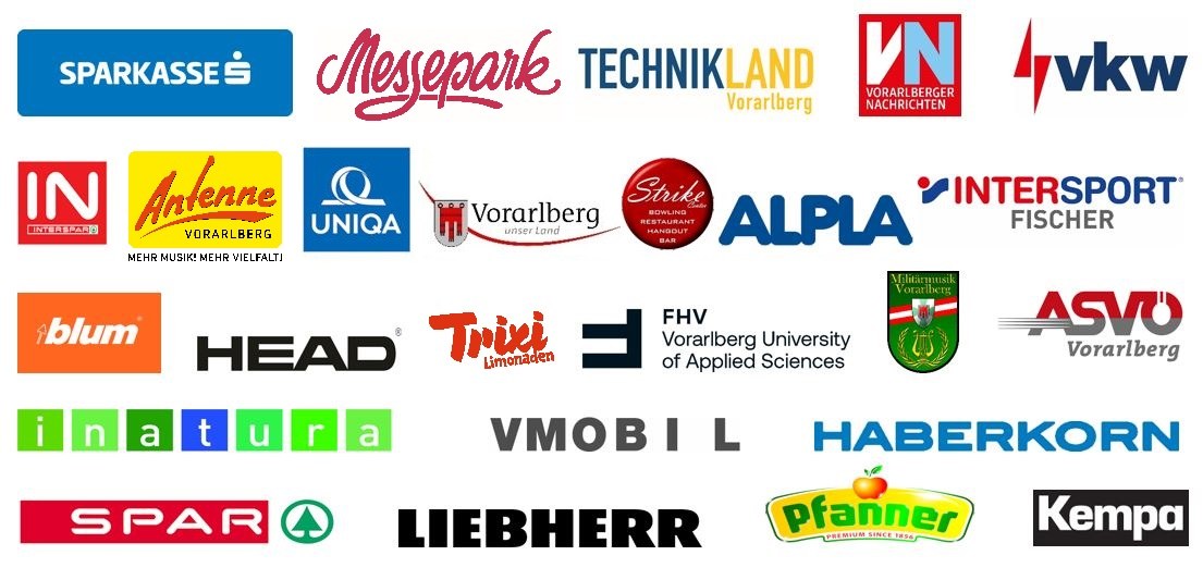 Logos der Partner und Sponsoren: Sparkasse, Messepark, Technikland, Vorarlberger Nachrichten, vkw, Interspar, Antenne Vorarlberg, UNIQA, Land Vorarlberg, Strike, ALPLA, Intersport Fischer, Blum, HEAD, Trixi, FHV, Militärmusik, ASVÖ, inatura, VMOBIL, Haberkorn, SPAR, Liebherr, Pfanner, Kempa